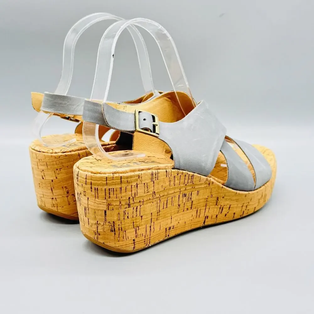 Korks Sandals Womens 8 Gray Leather Slingback Cork Wedge Platform Comfort Shoes